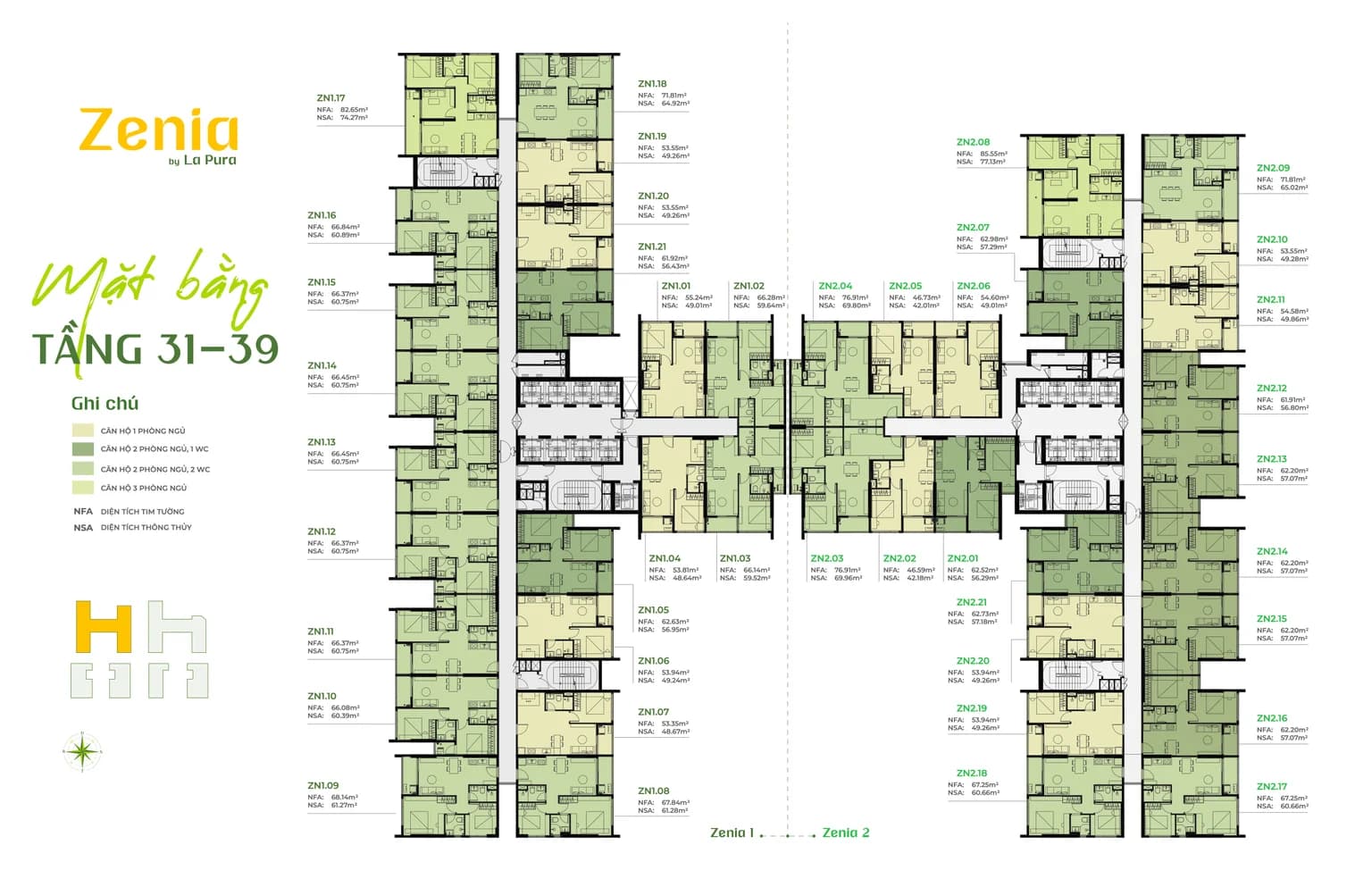 Mặt bằng tháp Zenia - tầng 31 - 39