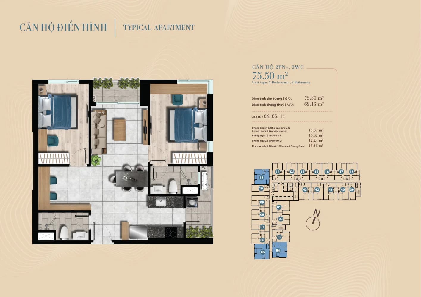 Hình ảnh layout căn hộ studio The Gió Riverside - Căn hộ 2 phòng ngủ 75 m2