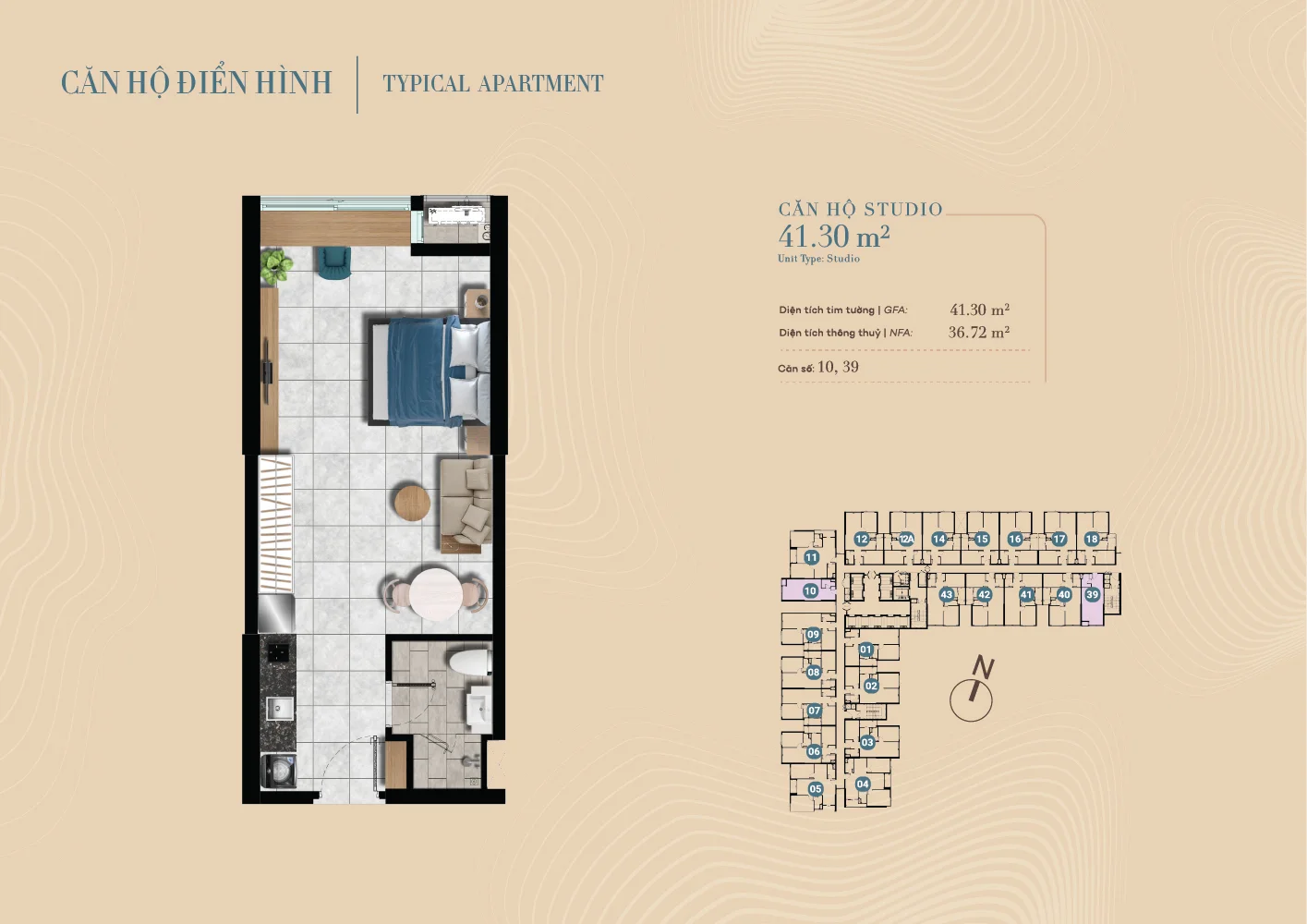 Hình ảnh layout căn hộ studio The Gió Riverside - Căn hộ Studio 41 m2