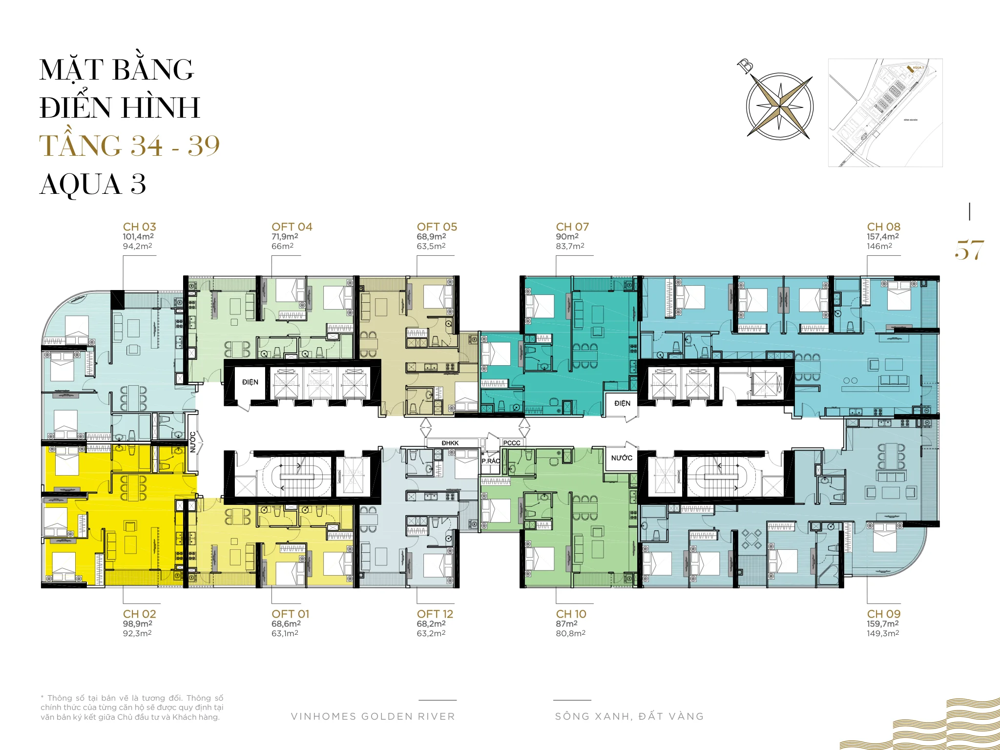 Mặt bằng điển hình căn hộ Aqua 3 - Tầng 34-39