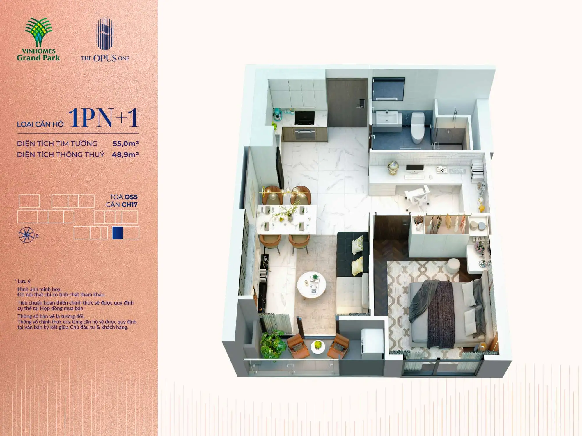 Hình ảnh layout căn hộ 1 phòng ngủ + The The Opus One tại khu đô thị Vinhomes Grand Park - Căn OS5 CH17