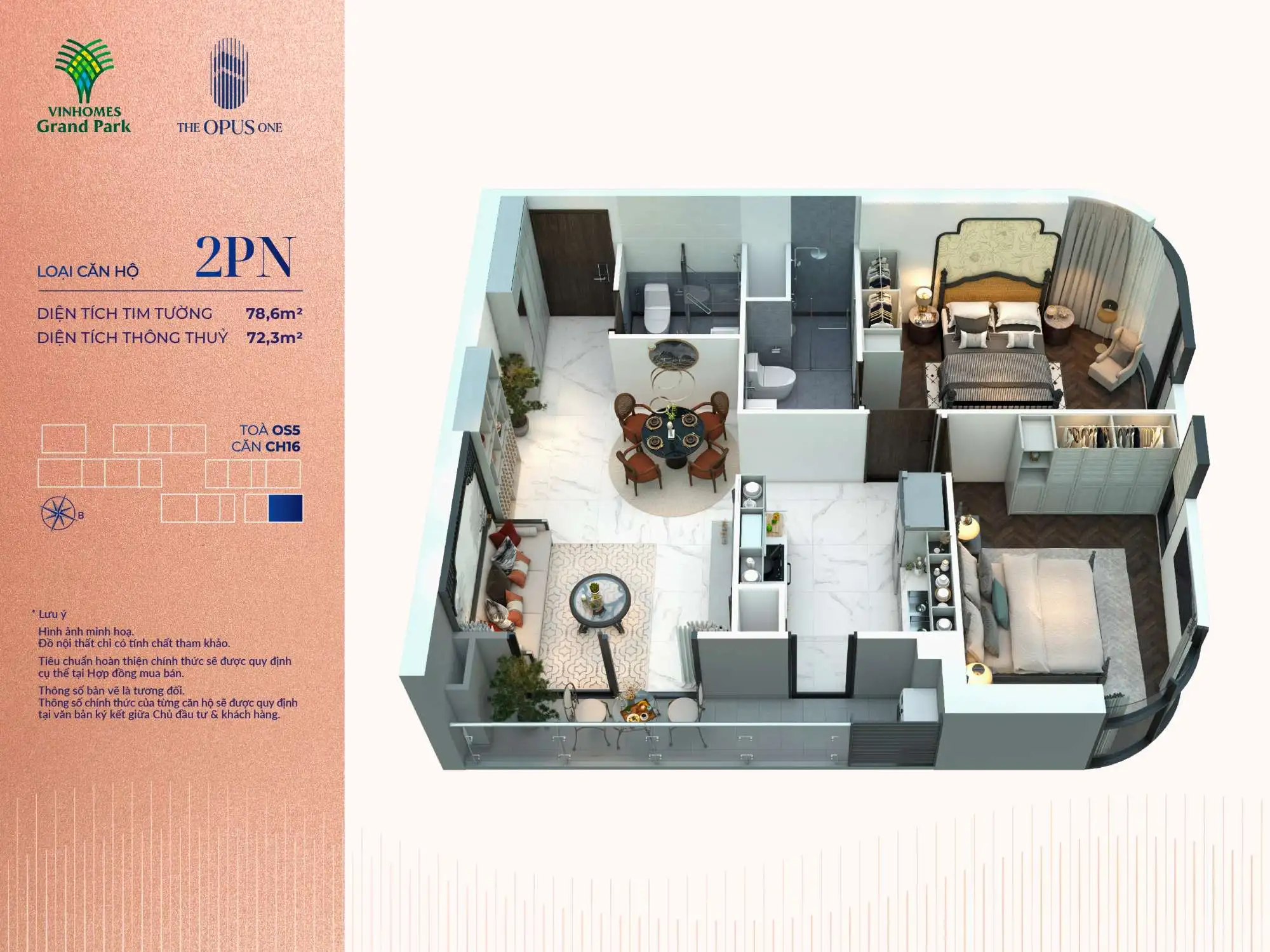 Hình ảnh layout căn hộ 2 phòng ngủ The The Opus One tại khu đô thị Vinhomes Grand Park - Căn OS5 CH16