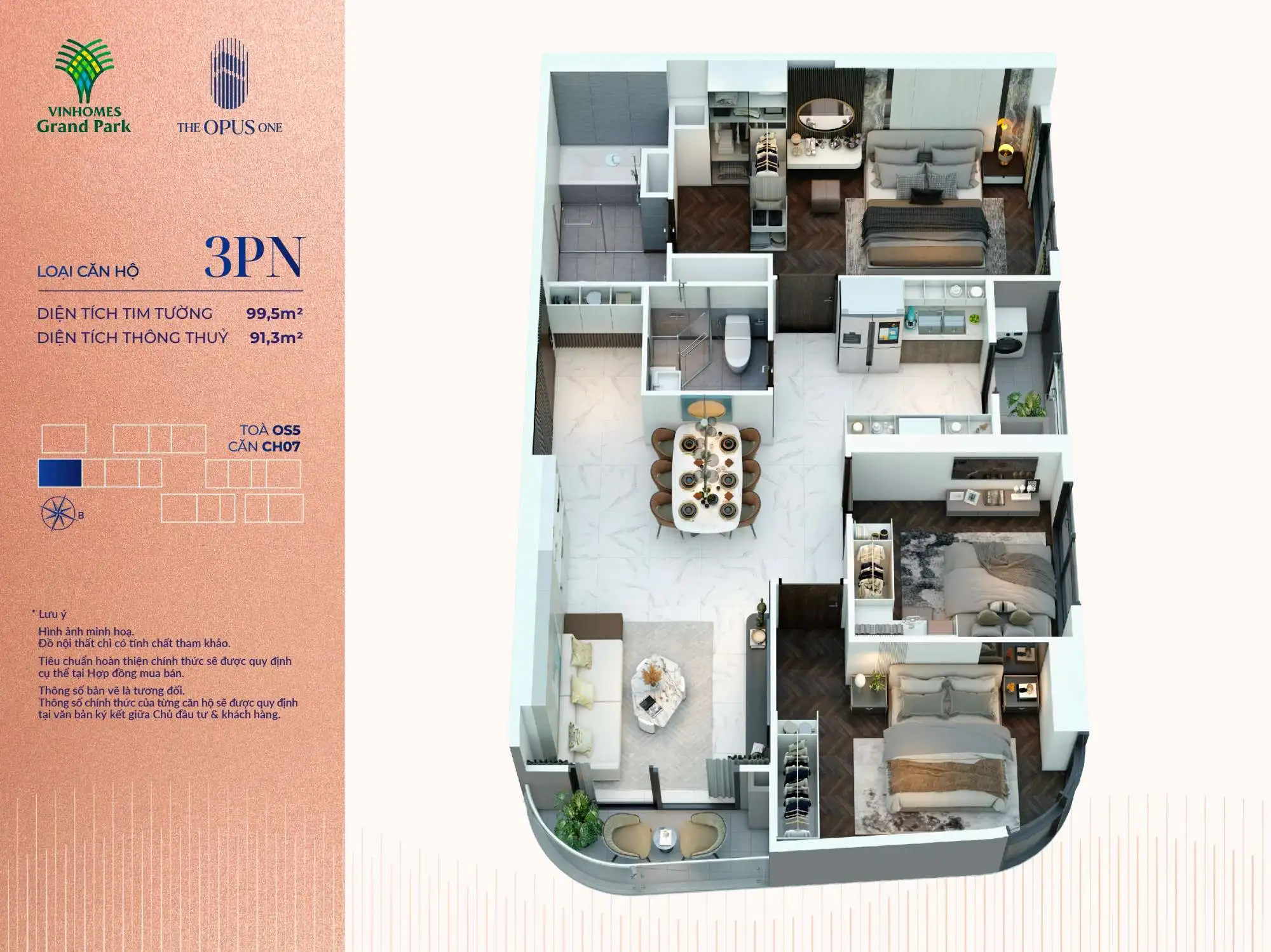 Hình ảnh layout căn hộ 3 phòng ngủ The The Opus One tại khu đô thị Vinhomes Grand Park - Căn OS5 CH07