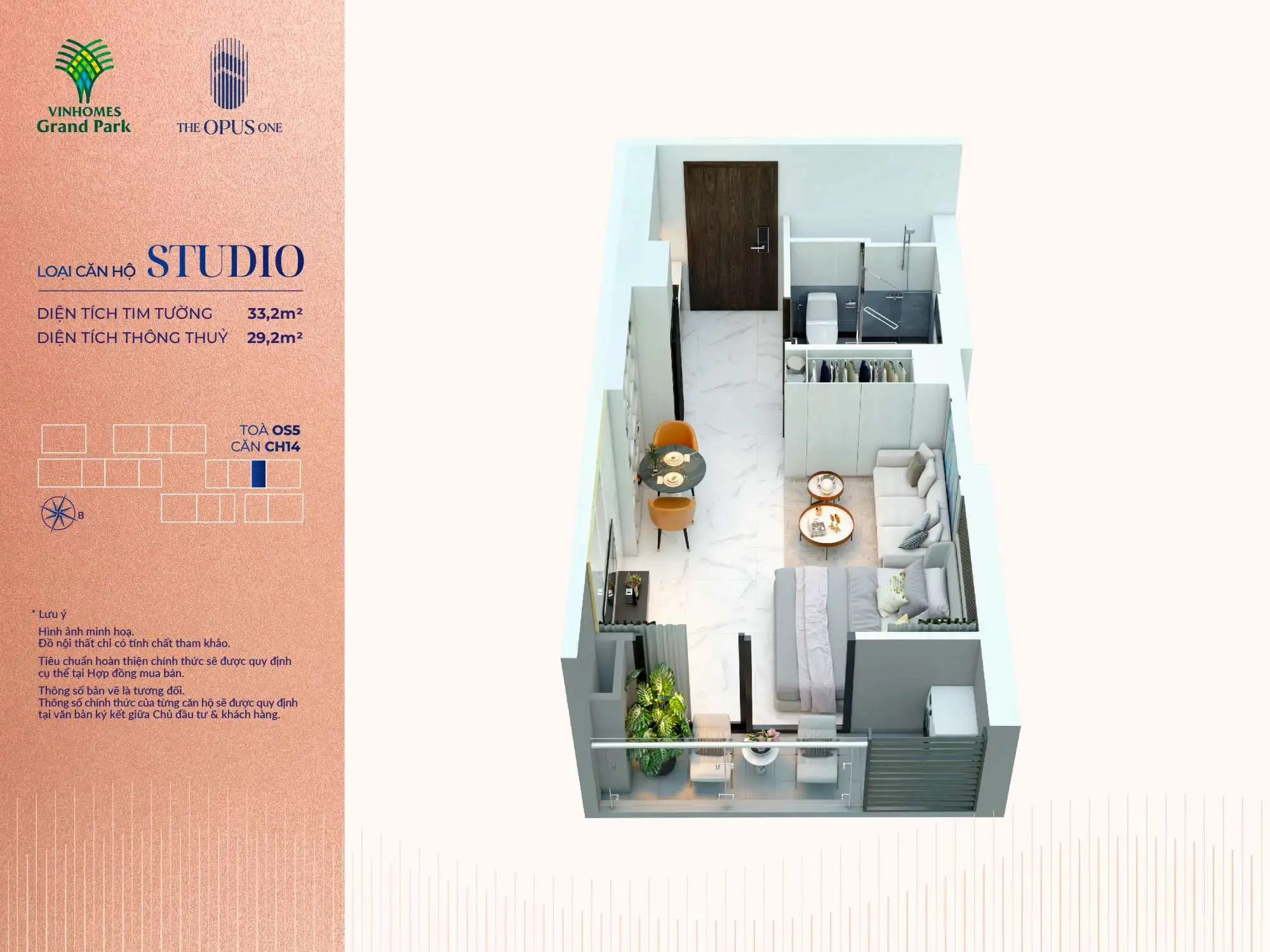Hình ảnh layout căn hộ studio The The Opus One tại khu đô thị Vinhomes Grand Park - Căn OS5 CH14