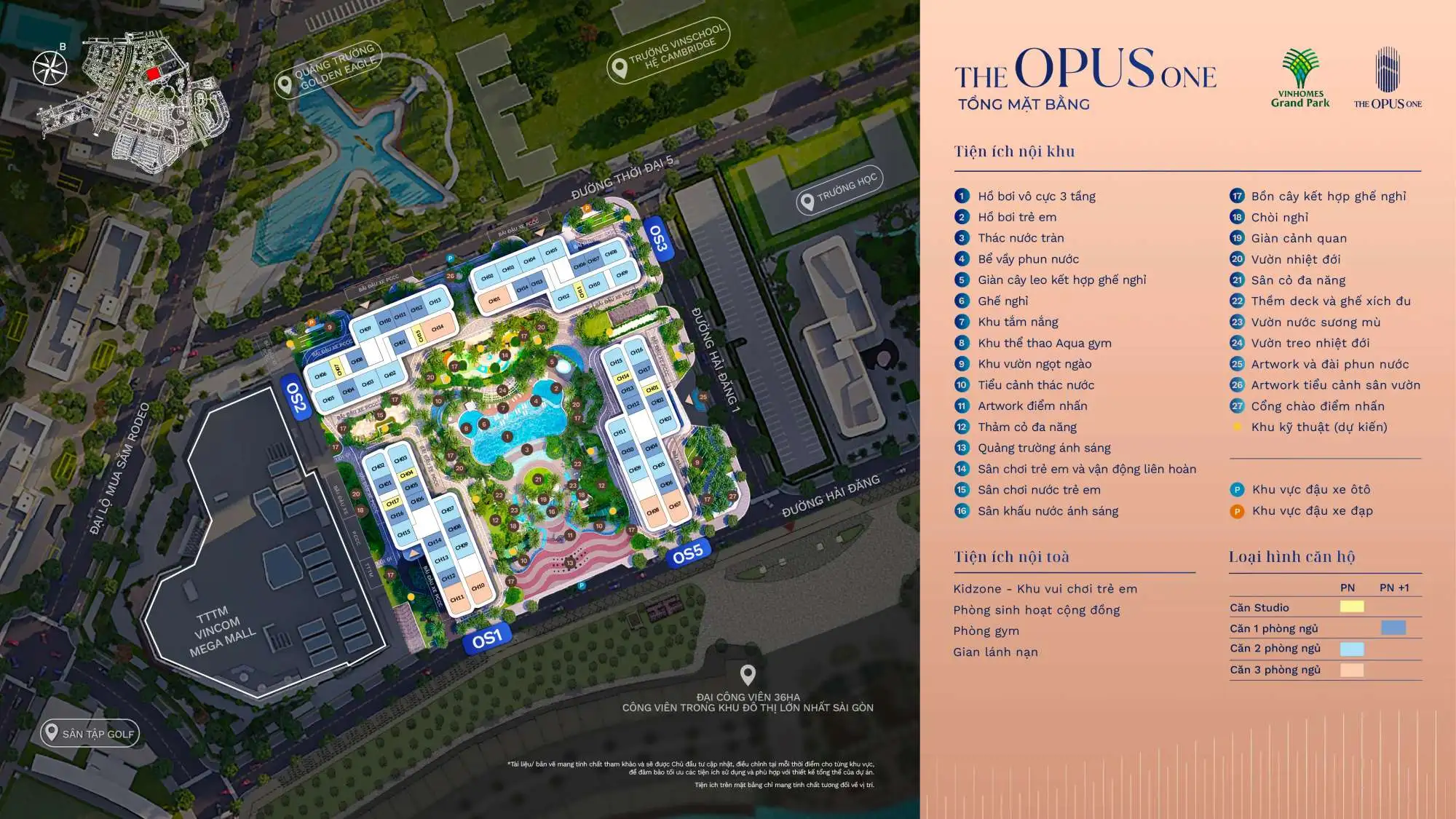 Mặt bằng tiện ích The Opus One khu đô thị Vinhomes Grand Park